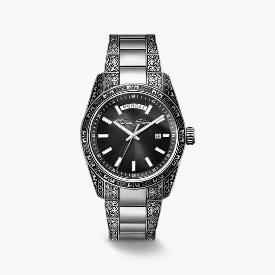 Thomas Sabo Rebel at Heart Revive WA0438-201-203 Herrenuhr Schwarz • Graviertes Edelstahlgehäuse • Saphirbeschichtetes Mineralglas