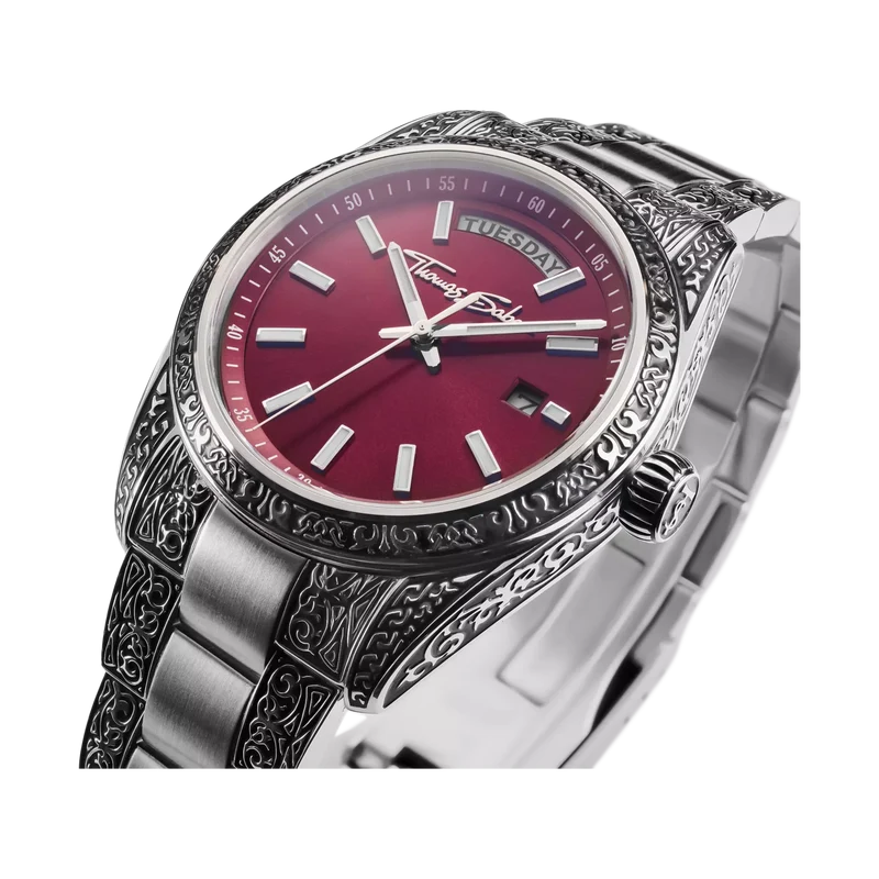 Thomas Sabo Rebel at Heart Revive WA0425-201-201 Unisex Armbanduhr Dunkelrot • Graviermuster-Design • 5 ATM wasserdicht