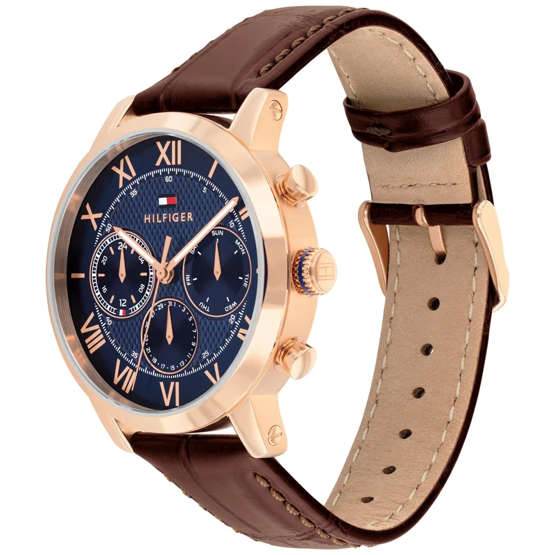 Tommy Hilfiger TH-OXFORD 1710727 Herrenuhr Blau • Chronograph mit Roségold • Lederarmband Krokodilprägung