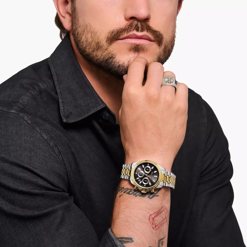 Thomas Sabo Divine Chrono WA0398-291-201 Damen Armbanduhr Schwarz-Gelbgold • Chronograph mit Zirkonia-Indizes • Mineralglas mit Saphirbeschichtung