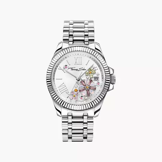 Thomas Sabo WA0381-201-201 Damen Armbanduhr Silber • Blumenmotiv mit Zirkonia-Steinen • Mineralglas mit Saphirbeschichtung