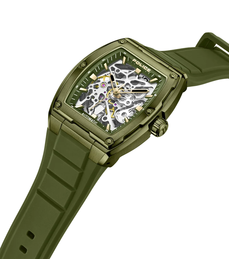 Police Skeletor PEWJR0005906 Herrenuhr Grün • Automatikwerk • Skelettiertes Zifferblatt