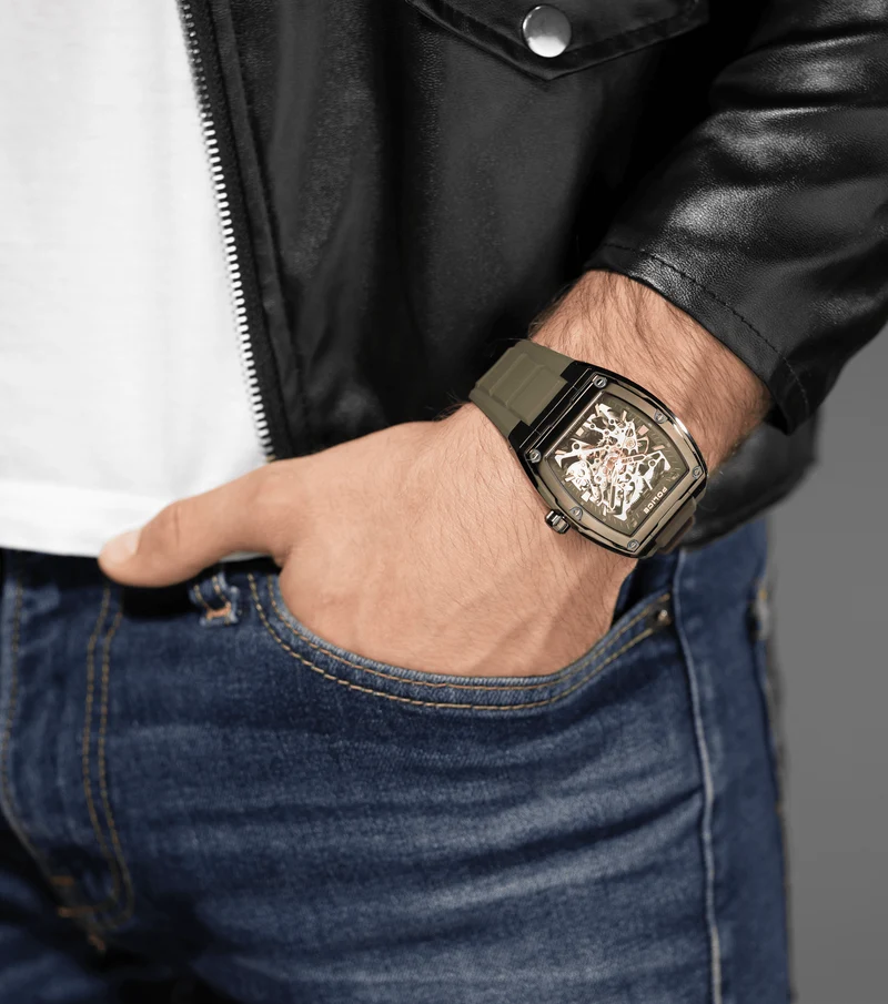 Police Skeletor PEWJR0005906 Herrenuhr Grün • Automatikwerk • Skelettiertes Zifferblatt