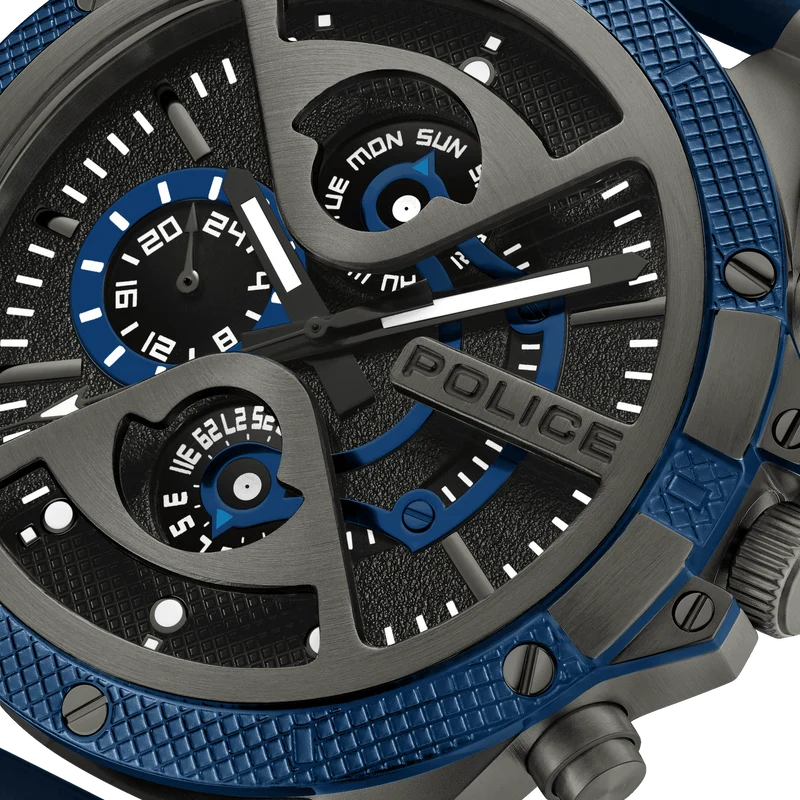 Police Surigao PEWJQ2110503 Herrenuhr Blau • Multifunktion mit Datum & Wochentag • Blaue IP-Lünette im Industriedesign