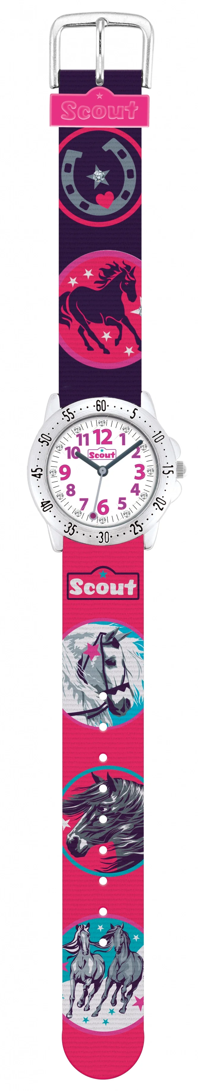 Scout Action Girls 280378015 Mädchen Armbanduhr Rosa • Pferdemotiv • Textilband
