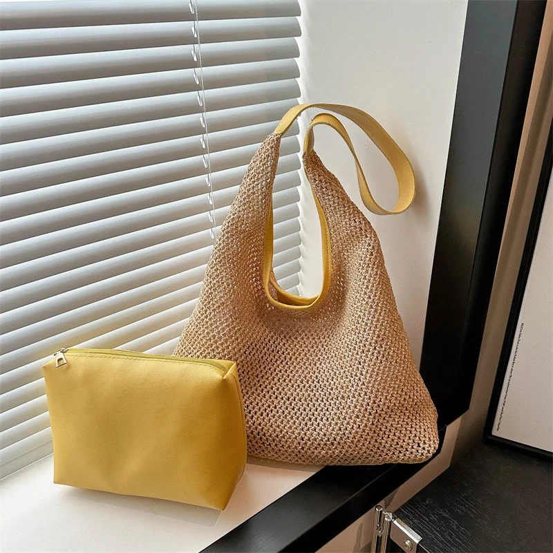 Handgefertigte Geflochtene Strohtasche mit Abnehmbarem Beutel
