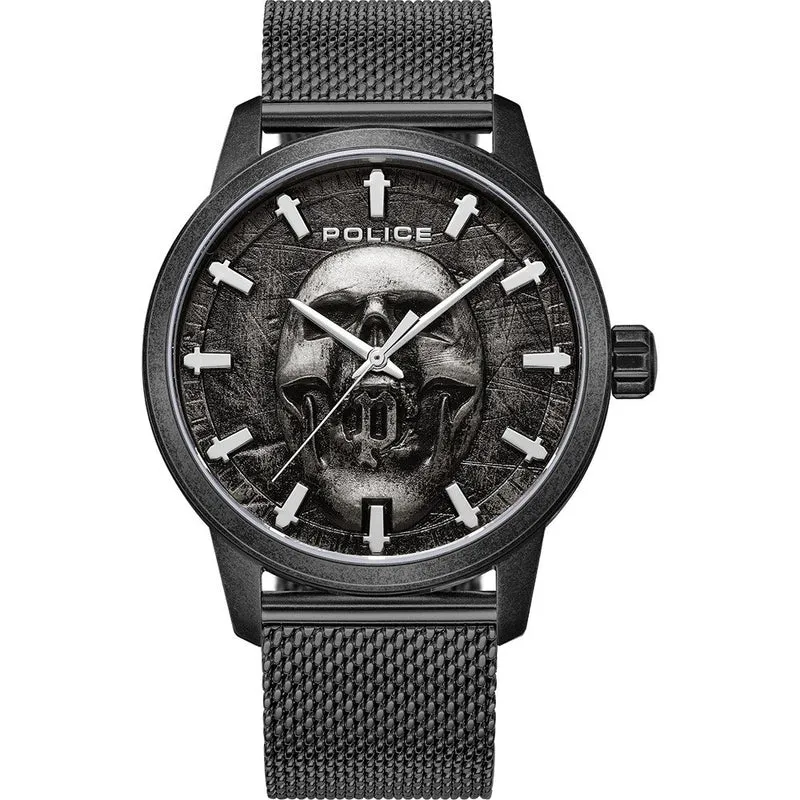 Police Raho PEWJG0005503 Herrenuhr Schwarz • Totenkopf-Zifferblatt • Milanaise-Armband