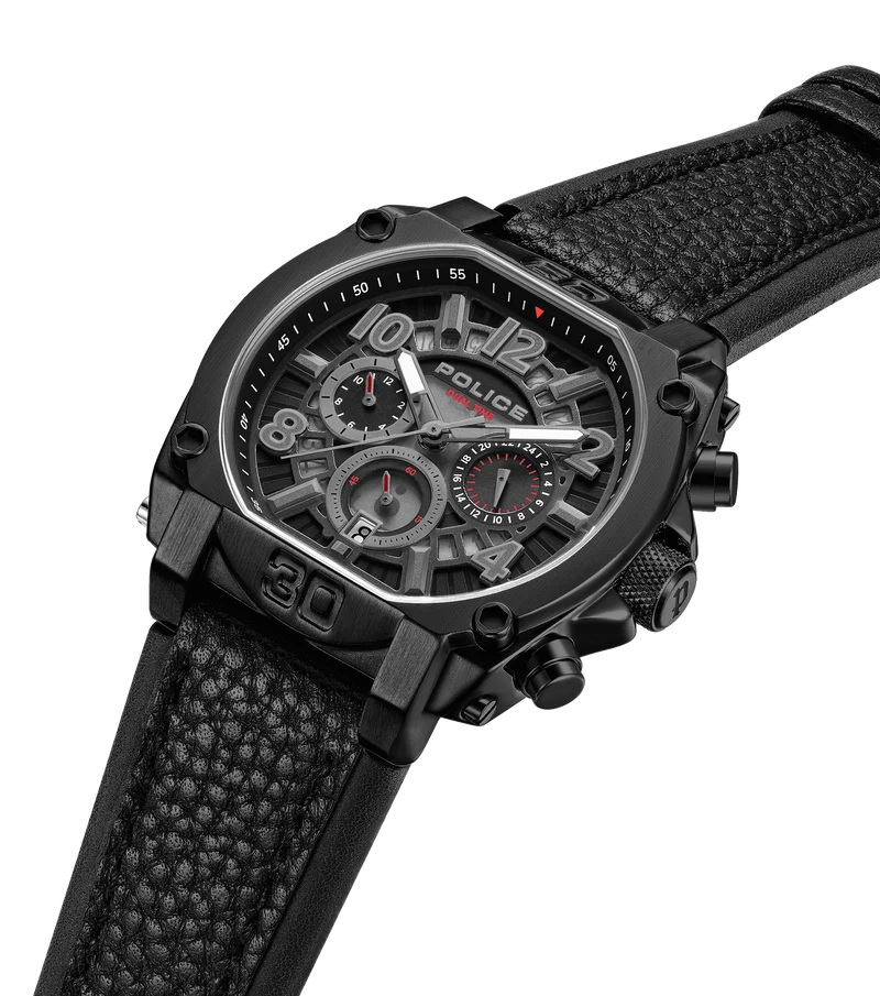 Police Norwood PEWJF0021903 Herrenuhr Schwarz • Zweitzeit-Funktion • Doppellagiges Lederarmband
