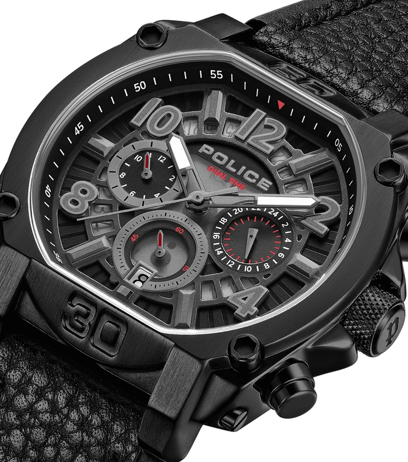 Police Norwood PEWJF0021903 Herrenuhr Schwarz • Zweitzeit-Funktion • Doppellagiges Lederarmband