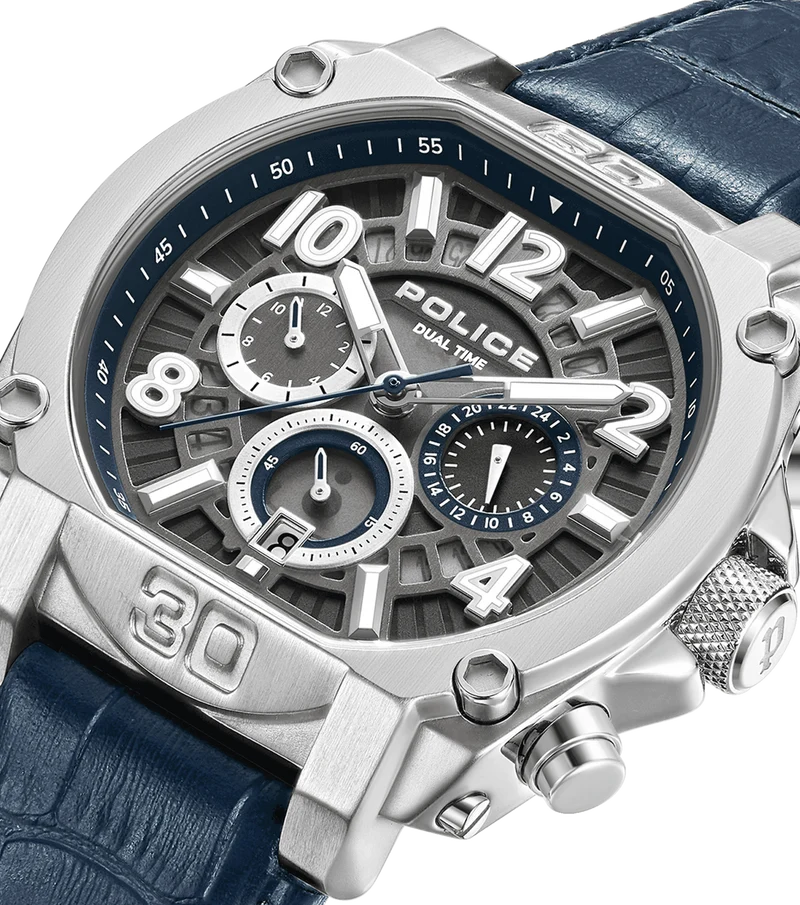 Police Norwood PEWJF0021901 Herrenuhr Blau • Dual-Time-Funktion • Transparentes Zifferblatt