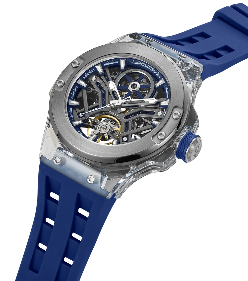 Police Cyclone PEWGR0082204-SET Herrenuhr Blau • Automatikwerk • Transparentes Gehäuse