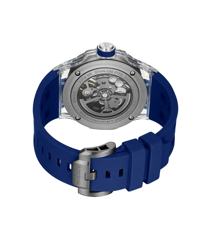 Police Cyclone PEWGR0082204-SET Herrenuhr Blau • Automatikwerk • Transparentes Gehäuse