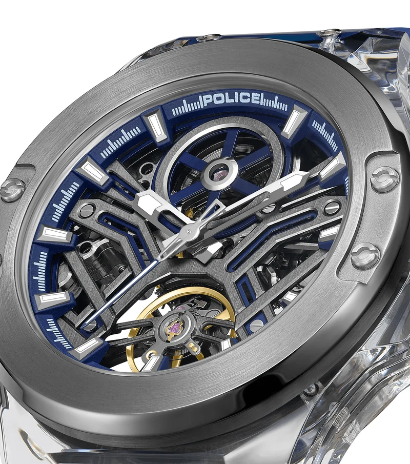 Police Cyclone PEWGR0082204-SET Herrenuhr Blau • Automatikwerk • Transparentes Gehäuse