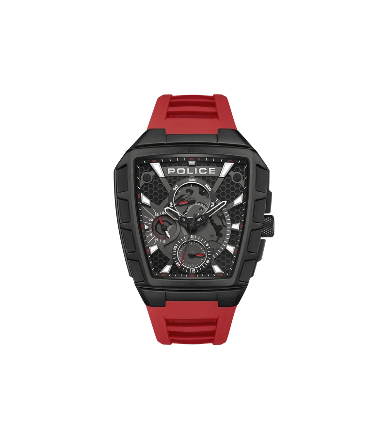 Police Tough Gear PEWGQ0056803 Herrenuhr Schwarz/Rot • Multifunktion • Rotes Silikonarmband
