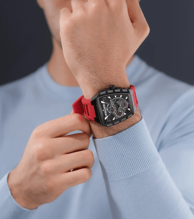 Police Tough Gear PEWGQ0056803 Herrenuhr Schwarz/Rot • Multifunktion • Rotes Silikonarmband