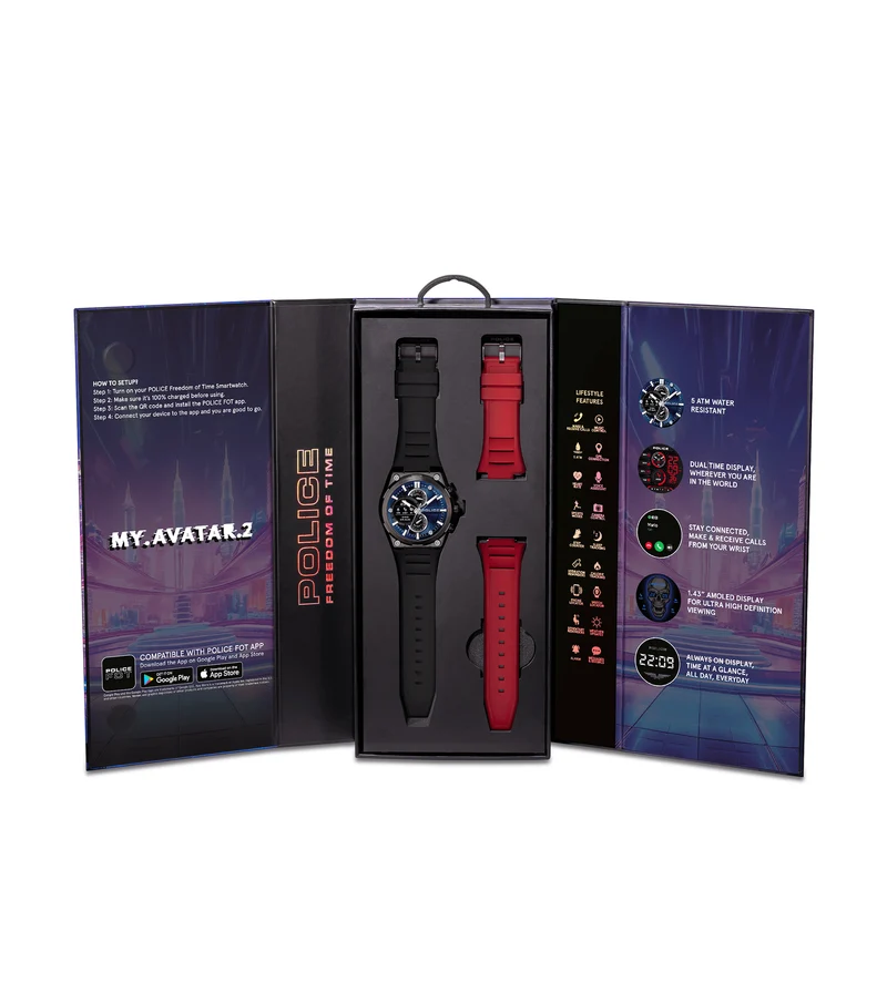 Police My.Avatar 2.0 PEIUN00003X2 Herren Smartwatch Schwarz/Rot • AMOLED-Display • Wechselbare Armbänder