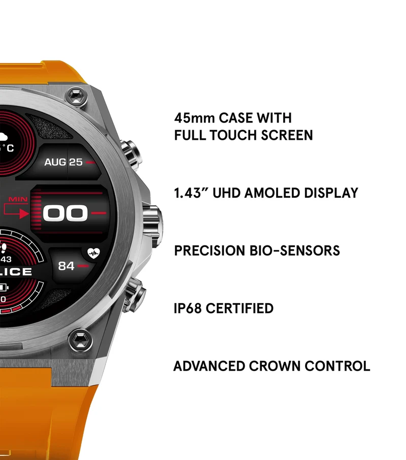Police My.Avatar 2.0 PEIUN00003X0 Herren-Smartwatch Blau/Orange • AMOLED-Display • Schnellladefunktion
