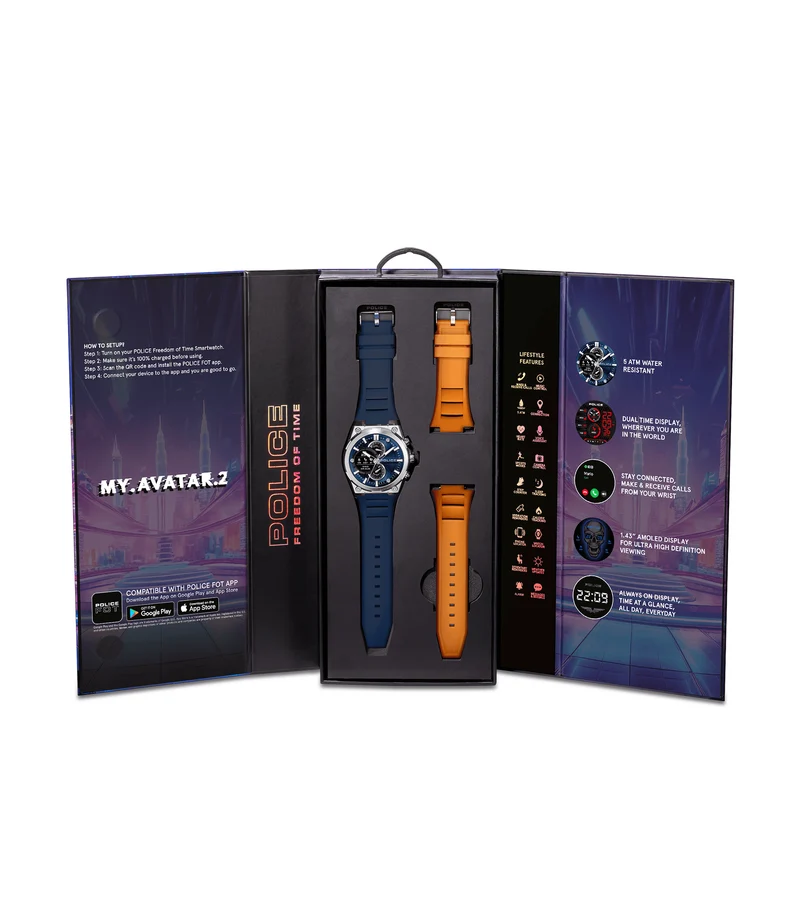 Police My.Avatar 2.0 PEIUN00003X0 Herren-Smartwatch Blau/Orange • AMOLED-Display • Schnellladefunktion