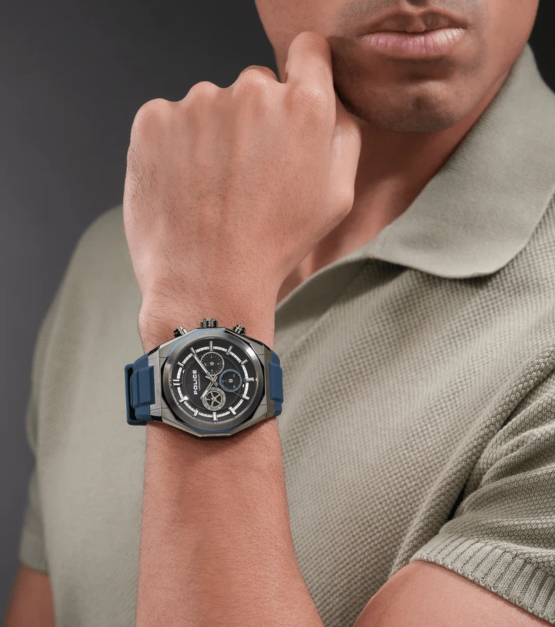 Police Steward PEWGO0093703 Herrenuhr Stahl/Blau • Chronograph • Silikonarmband