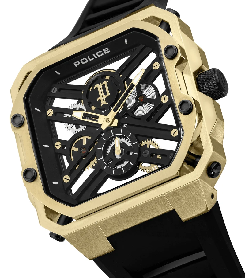 Police Disruptor I PEWGM0072003 Herrenuhr Gold • Ionenplattiertes Goldgehäuse • Schwarzes Silikonarmband