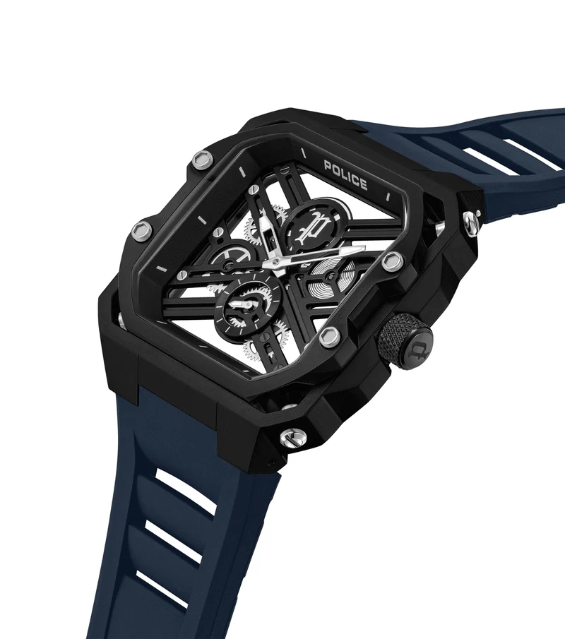 Police Disruptor PEWGM0072001 Herrenuhr Schwarz • Ionenplattiertes Gehäuse • Marineblaues Silikonarmband
