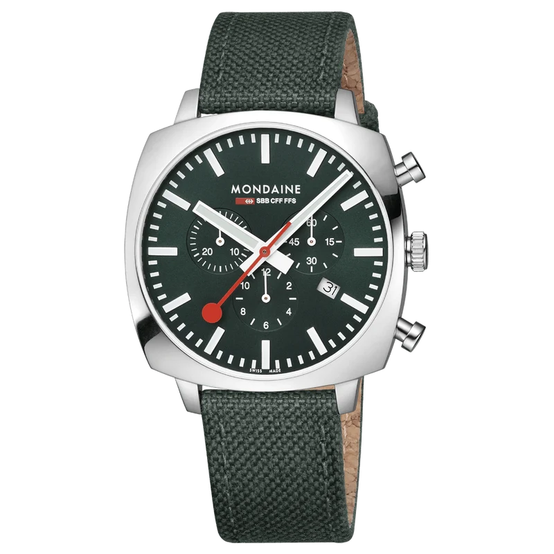Mondaine Grand Cushion MSL.41460.LF.SET Herrenuhr Grün • Saphirglas • Quarz-Chronograph