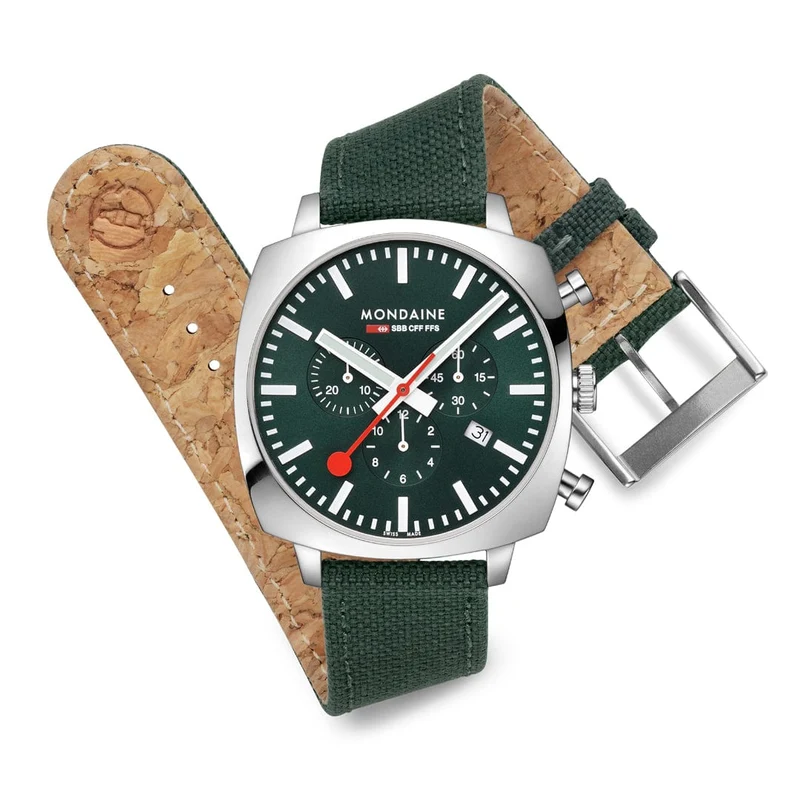 Mondaine Grand Cushion MSL.41460.LF.SET Herrenuhr Grün • Saphirglas • Quarz-Chronograph