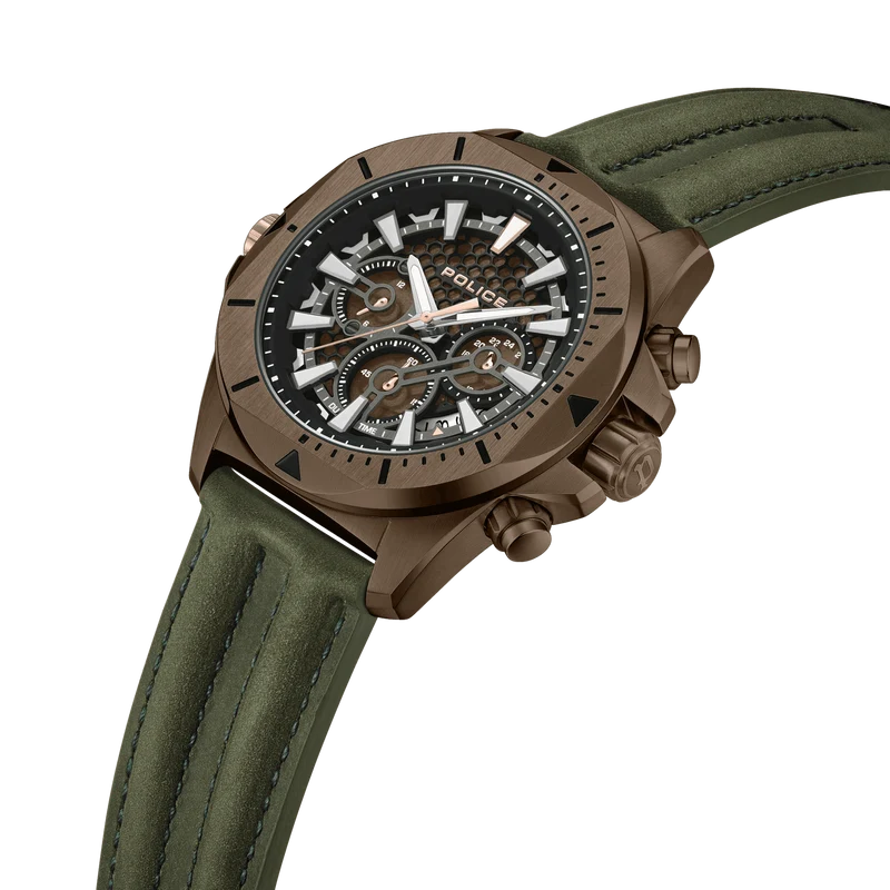Police Electrical PEWGF0054502 Herrenuhr Stahl • Multifunktion • Khaki Lederarmband