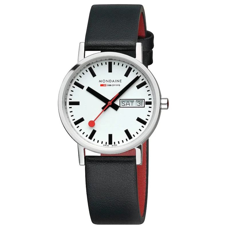 Mondaine Classic A667.30314.11SBBV Damenuhr Schwarz • Veganes Traubenleder • Tag-Datum-Anzeige