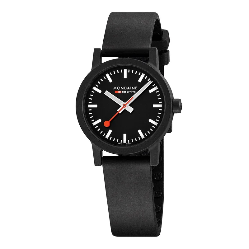 Mondaine essence MS1.32120.RB Damen Armbanduhr Schwarz • Veganes Kautschukarmband • Swiss Made Quarzwerk