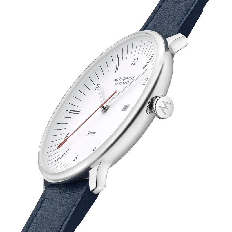 Mondaine Doppio Solar MLE.41910.LDV Herrenuhr Blau • Saphirglas mit Antireflexbeschichtung • Veganes Apfelleder