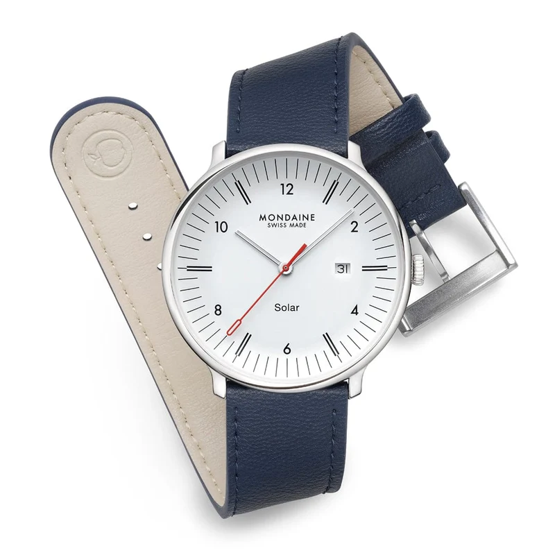 Mondaine Doppio Solar MLE.41910.LDV Herrenuhr Blau • Saphirglas mit Antireflexbeschichtung • Veganes Apfelleder