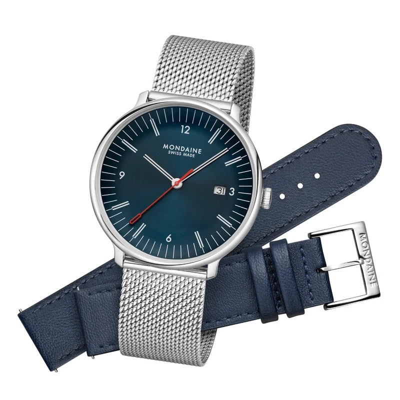 Mondaine Doppio MLE.41240.LQV.SET Herrenuhr Blau • Saphirglas mit Antireflexbeschichtung • Schweizer Quarzwerk