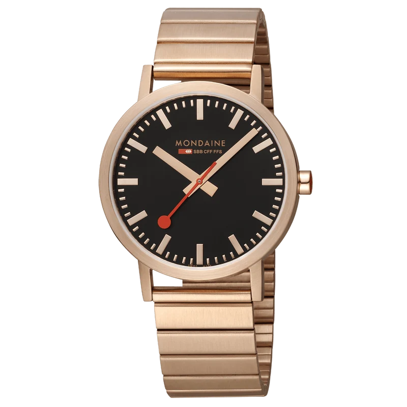 Mondaine Classic A660.30360.16SBR Herrenuhr Schwarz/Roségold • Schnellwechselsystem • Swiss Made