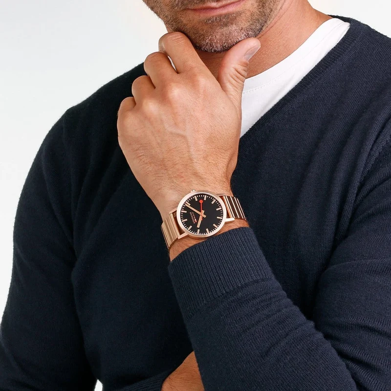 Mondaine Classic A660.30360.16SBR Herrenuhr Schwarz/Roségold • Schnellwechselsystem • Swiss Made