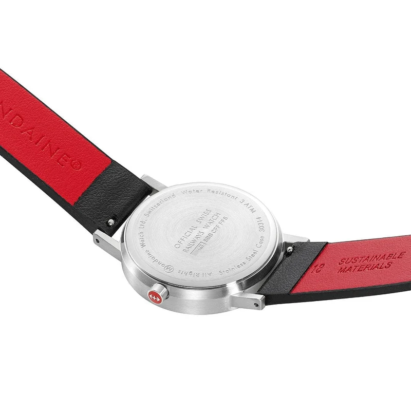 Mondaine Classic A660.30360.16OMV Herrenuhr Schwarz • Veganes Traubenleder • Schweizer Quarzwerk