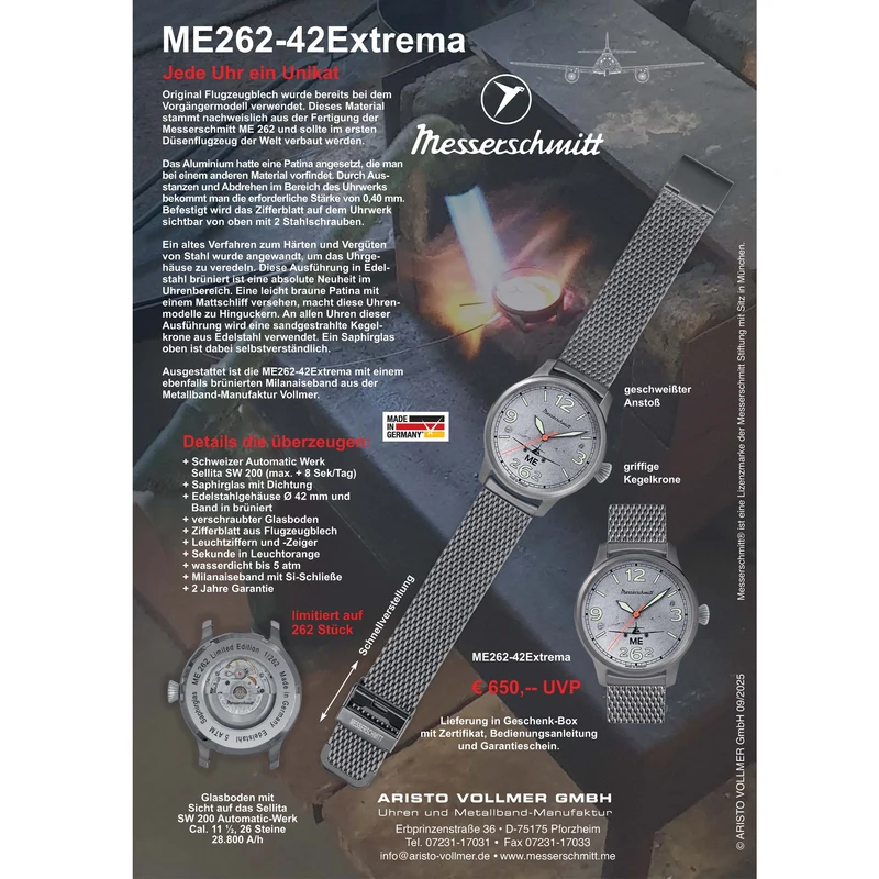 Messerschmitt ME 262 ME-262-42EXTREMA Herren Armbanduhr Brüniert • Automatikwerk ARISTOMATIC SW 200-1 • Limited Edition 262 Stück