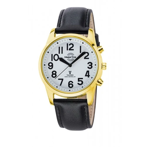 Master Time Sprechende Uhr MTGA-10940-12L Herren Armbanduhr Goldfarben/Schwarz • Sprachansage auf Knopfdruck • Funkgesteuerte Zeitumstellung