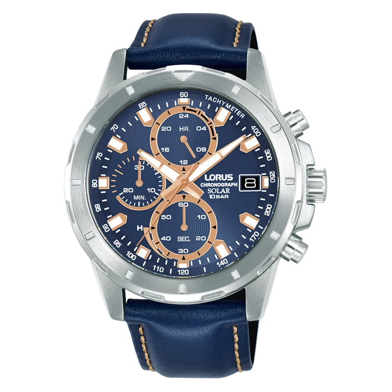Lorus Sport RZ611AX9 Herren Armbanduhr • Solar-Chronograph • Blaues Lederband