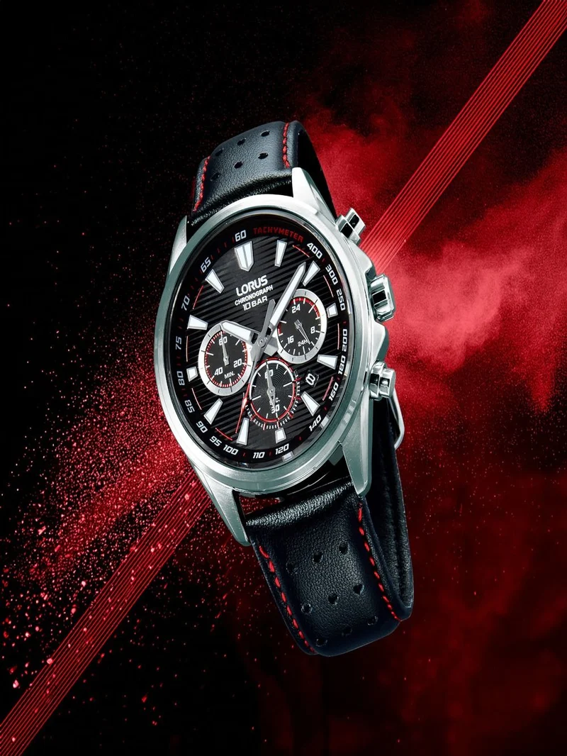Lorus Sports RT325LX9 Herrenuhr Chronograph • Mineralglas • Schwarzes Lederband