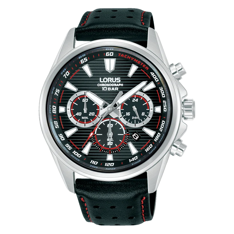 Lorus Sports RT325LX9 Herrenuhr Chronograph • Mineralglas • Schwarzes Lederband