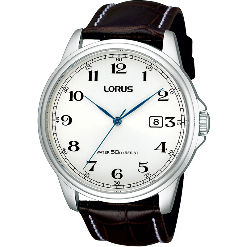 Lorus Dress RS985AX9 Herren Armbanduhr • Weißes Zifferblatt • Braunes Lederband