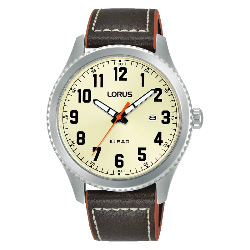 Lorus Sports RH987RX9 Herrenuhr Champagner • Mineralglas • Dunkles Lederband