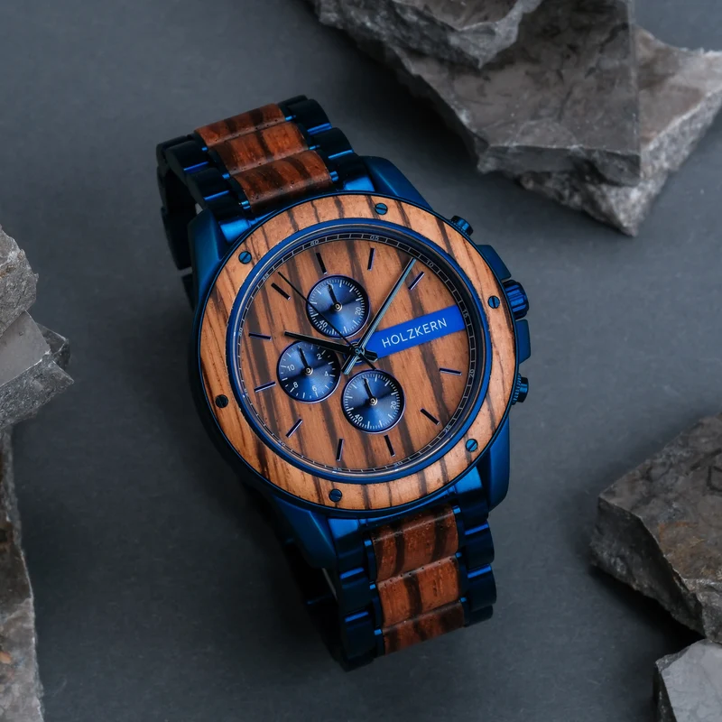 Holzkern Gareth Armbanduhr Blau-Braun • Quarzwerk • Edelstahl & Holz