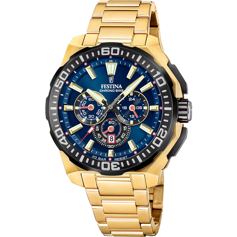 Festina Chrono Bike F20727/1 Herrenuhr Goldfarben/Blau • Chronograph • 20 ATM