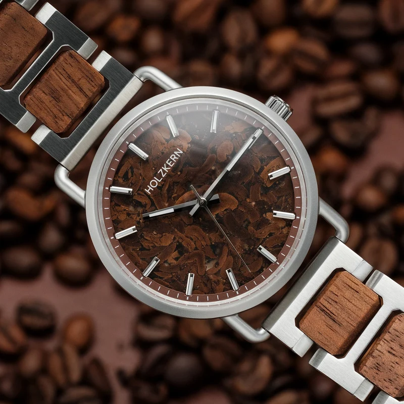 Holzkern Espressino Unisex-Armbanduhr Braun • Echtes Walnussholz • Kaffeebohnen-Zifferblatt