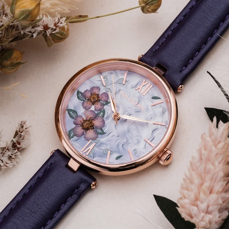 Holzkern Everbloom Damenuhr Violett/Roségoldfarben • Japanisches Quarzwerk • Florales Zifferblatt