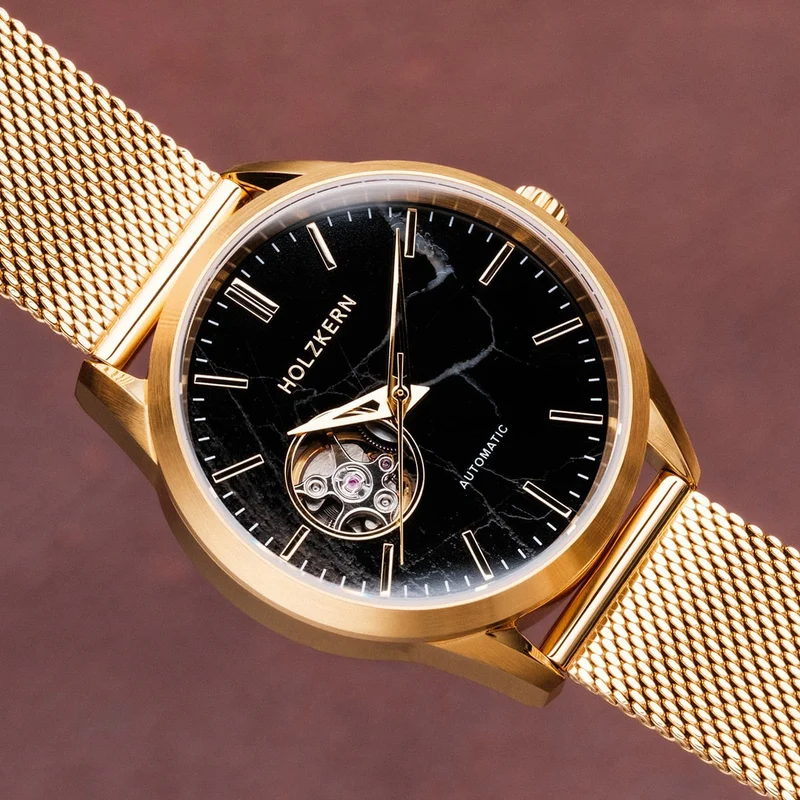 Holzkern Inverno Unisex-Armbanduhr Marmor/Goldfarben • Automatikwerk • Schwarzer Marmor
