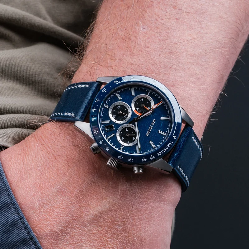Holzkern Neverrest Herrenuhr Marmor/Blau • Titan-Gehäuse • Tachymeter-Lünette