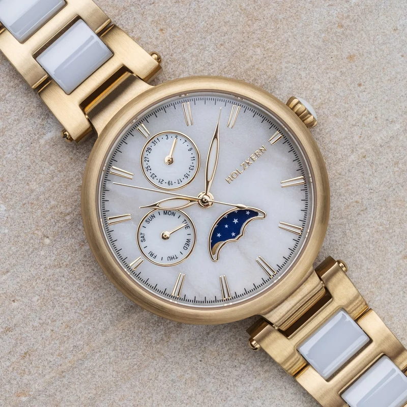 Holzkern Moonbow Damen Armbanduhr • Mondphasenanzeige • Marmor & Keramik